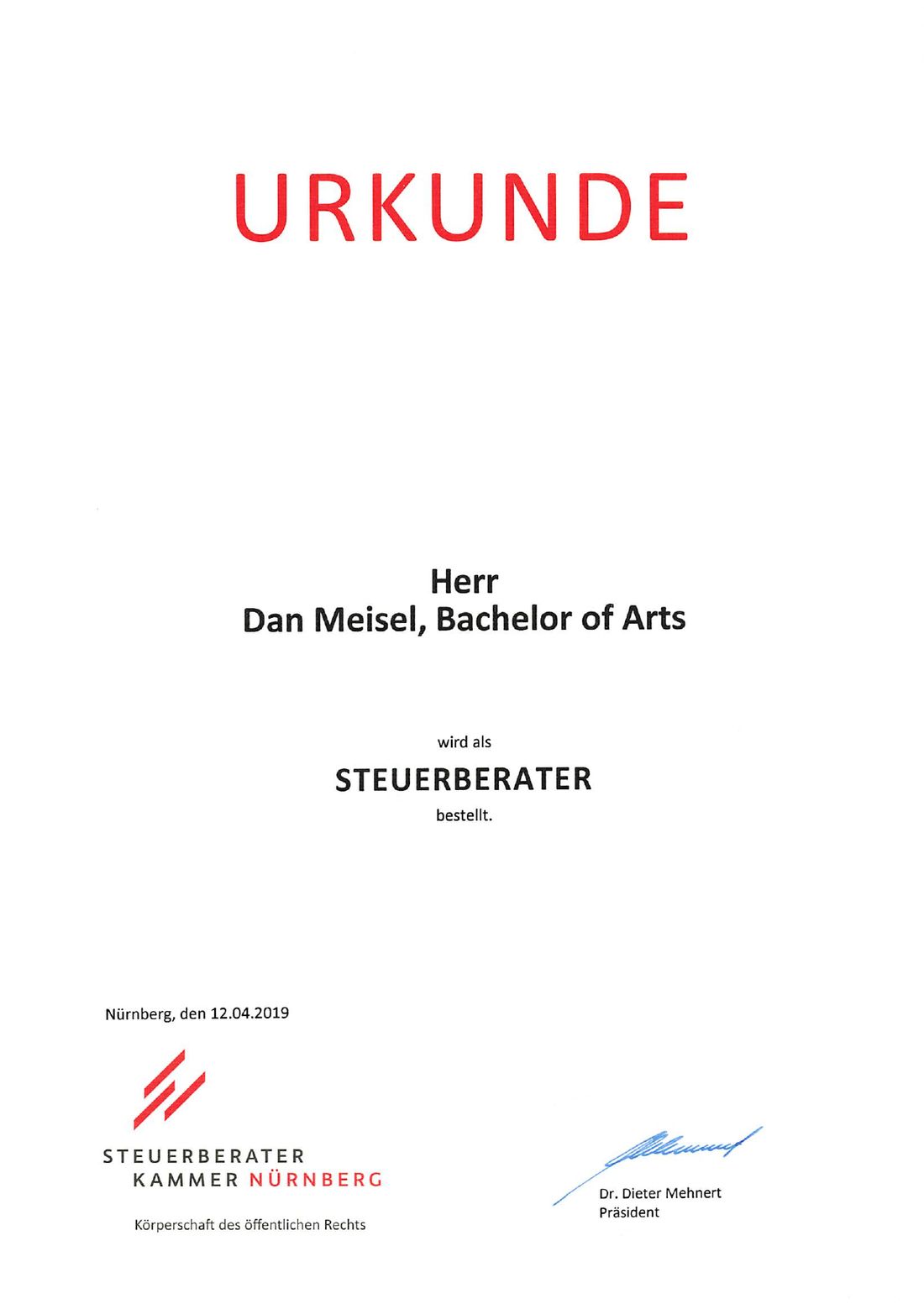 Urkunde über die Bestellung zum Steuerberater
